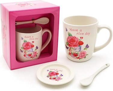 Fitto White Ceramic Mug with Spoon and Lid, Have a Nice Day Floral Design, Coffee Tea Cup