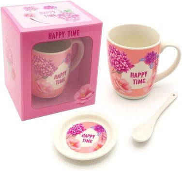 Fitto Ceramic Mug with Spoon and Lid, Pink Outer, White Interior, Happy Time Floral Design