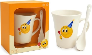 Fitto White Ceramic Mug with Spoon, Happy Birthday Print, Smile and Cake Design