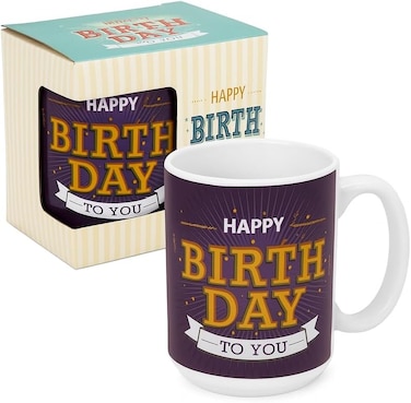 Fitto Blue Ceramic Mug with White Interior - Happy Birthday to You Printed Coffee Cup