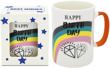 Fitto White Ceramic Mug with Happy Birthday Print and Colorful Diamond Design