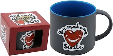 Fitto Matte Gray Ceramic Mug with Blue Interior and Heart Design - You Make My Love Smile