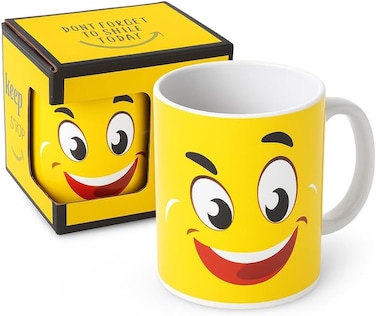 Fitto Yellow Ceramic Mug with Emoji Smiley, White Interior, 350ml Coffee Cup
