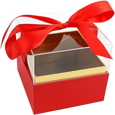 Fitto Transparent Acrylic  Gift Flower Box with Red Ribbon, 13x13x12cm, Decorative Display Case