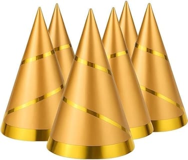 Fitto Gold Cone Party Hats Medium Pack of 6 - Birthday Party Cone Hats for Kids & Adults Party Supplies