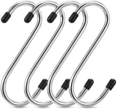 Fitto S Shape Stainless Steel Hooks Pack of 4 - Heavy Duty S-Hooks for Kitchen, Bathroom, Clothes, Pots &amp; Plant Hangers