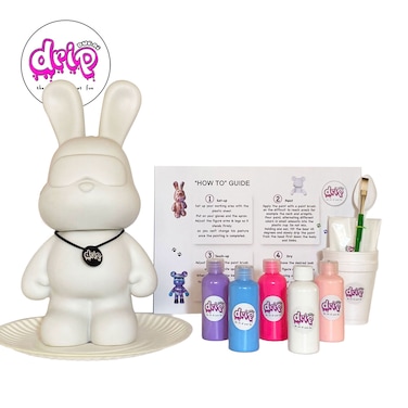 DIY Fluid Acrylic Pouring Paint Cool-Bunny 33cm Piggy Bank Kit, Purple, Light-Blue, Fluorescent-Pink, White, Light-Pink. Birthday gift Creative workshop Arts and Craft