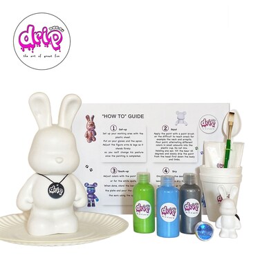 DIY Fluid Acrylic Pouring Paint Bunny 23cm Money Saver Kit + Toy Keychain and Glitter:  Light-Blue, Green, Silver. Birthday gift Creative workshop Arts and Craft
