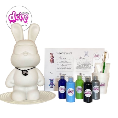 DIY Fluid Acrylic Pouring Paint Cool-Bunny 33cm Piggy Bank Kit, Dark-Blue, Light-Blue, Green, Black, Silver. Birthday gift Creative workshop Arts and Craft