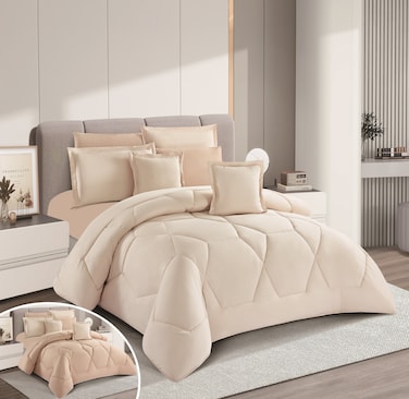 STARGOLD Microfiber Solid Comforter 8 Pieces Set Fitted Sheet, Pillow Sham, Pillow Case, Cushion Comforter 260X240 CM King Size Mattress, SG-CS2004-SOLID93 CREAM