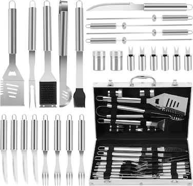 26-Piece Heavy Duty Stainless Steel BBQ Grill Tool Set with Aluminum Case &ndash; Complete Outdoor Barbecue Accessories Kit with Tongs, Spatula, Fork, Basting &amp; Cleaning Brushes, Skewers &amp; Corkscrew