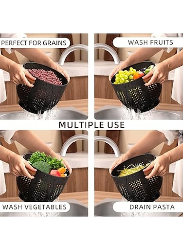 storage basket , Metal Colander with Wood Handle and Stable Base, Fruit basket, snack basin, Powder Coated Steel Kitchen Strainer Basket for Draining Pasta, Vegetable and fruit(22CM quart,Matte Black)