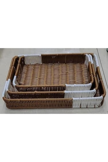 3-Pack Woven Serving Trays with Handles &ndash; Rectangular Poly Wicker Baskets for Snacks, Fruit &amp; More