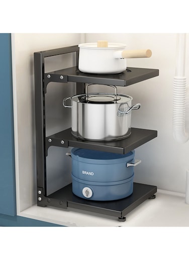 Tycom Pots and Pans Organizer for Cabinet,Kitchen Organizer and Storage Rack,Space Saving Stand with Adjustable Dividers,3 Layer Single Sided With Panel Black