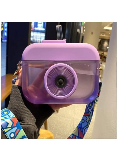 Cute Water Bottles with Straws, Creative Kawaii Camera-Shaped Straw Cups, Kawaii Water Leak Proof Bottles, BPA-Free Water Cup for Adult Kids Outdoor Camping Sports Travel Picnic (400 ML, Purple)