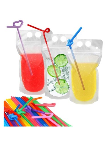 Khazna Disposable Beverage Bags, 50 Pcs Drink Pouches with Straws Stand-Up Hand-Held Translucent Reclosable Heat-Proof Plastic Zipper Juice Bags - 9.06" x 5.12"/17 Oz