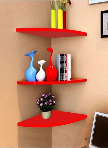 Floating Corner Wall Shelf 3Pcs Triangle Bookshelf Home Decor 3 Tier Display Organizer 16cm Red