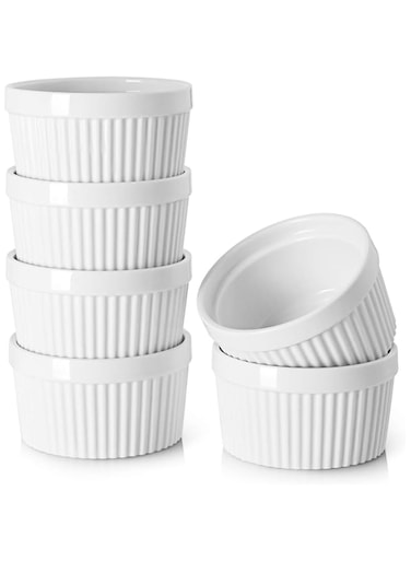 DOWAN Ramekins Set of 6, 8 oz Porcelain Souffl&eacute; Dishes for Creme Brulee &amp; Muffin, Baking Dishes for Cake &amp; Pudding &amp; Ice Cream, Mini Bowls for Dips, Sauces, Snacks and Fruits, 4 x 2.1 in-White