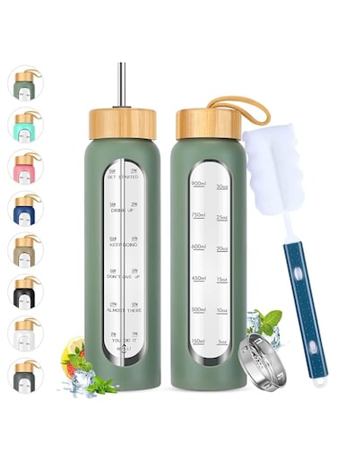 KOWVOWZ Glass Water Bottles with Straw, Motivational Glass Water Bottle with Time Marker &amp; Silicone Sleeve, Reusable Glass Tumbler Includes 2 Bamboo Lids &amp; Fruit Infuser 1 Pcs (Green)