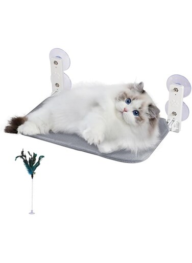 Kailund Cat Hammock Hanging Cat Window Perch Holding up to 33 LB, Breathable Mesh Foldable Cat Window Hammock Window Cat Bed with 4 Suction Cups and Teaser Stick (Grey)