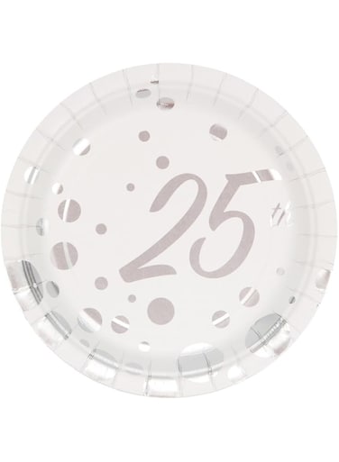Creative Converting 8-Count 7-Inch Paper Dessert Plates, Foil, 25th Anniversary, Sparkle and Shine Silver, 7 Inches