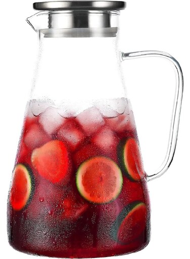 Liter 1800ML Glass Pitcher With Lid, Hot&amp;Cold Water Pitcher With Handle, for Homemade Beverage, Juice, Iced Tea and Milk
