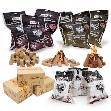 Premium Mixed Firewood Bundle 320 L (~ 150Kg)    100% Natural Wood   Kiln-Dried African Teak &amp; Beech Hardwood Logs, Cubes &amp; Firewood Box   Ready to Burn for Fire Pits, BBQ, Pizza Ovens, 12 Items