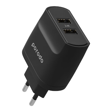 Porodo Dual USB Wall Charger, 2.4A Fast Charging, Dual USB Ports, Protective Safeguards, Type E/F - 2 Pin (EU Hybrid), Black
