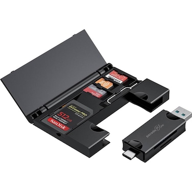 Porodo Blue 2 in 1 Card Reader with Card Holder, V3.0 5Gbps Type-C Connector, V3.0 5Gbps USB Connector, SD / Micro SD Reader, 5Gbps Data Transfer &ndash; Efficient File Management
