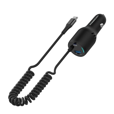 Powerology Fast Charger PD 45W + QC 18W, LED Dual Ports Car Charger, Includes Type-C 35W Coiled Cable, USB-A &amp; Type-C Output, Simultaneous Charging, Compact &amp; Durable Design &ndash; Black
