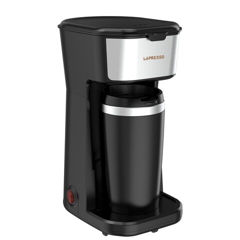 LePresso Coffee Maker with Travelling Mug 450W Over-Heat Protection Reusable Nylon Filter One Button Operation Heat Insulated Travel Mug 400ml Mug Capacity - Black
