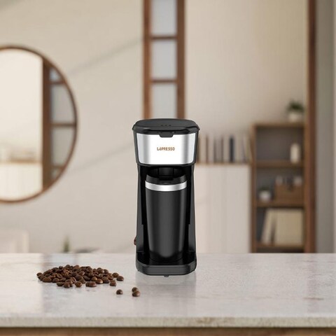 LePresso Coffee Maker with Travelling Mug 450W Over Heat Protection Reusable Nylon Filter One Button Operation Heat Insulated Travel Mug 400ml Mug Capacity Black Online Carrefour UAE