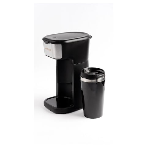 LePresso Coffee Maker with Travelling Mug 450W Over-Heat Protection Reusable Nylon Filter One Button Operation Heat Insulated Travel Mug 400ml Mug Capacity - Black