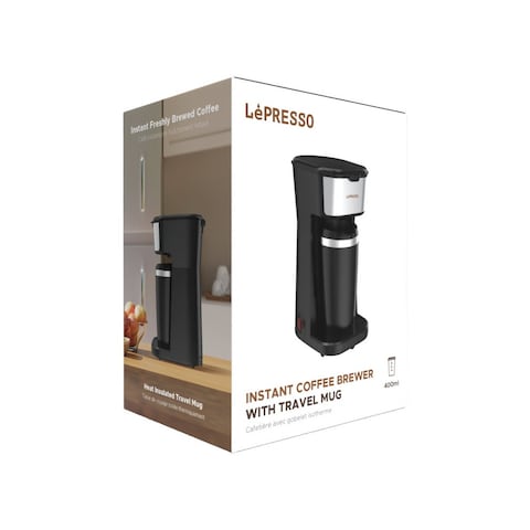 LePresso Coffee Maker with Travelling Mug 450W Over-Heat Protection Reusable Nylon Filter One Button Operation Heat Insulated Travel Mug 400ml Mug Capacity - Black