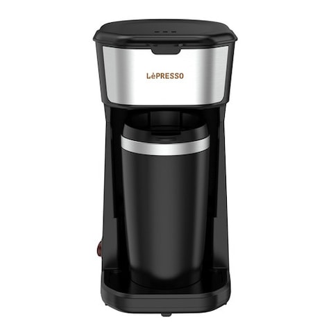 LePresso Coffee Maker with Travelling Mug 450W Over-Heat Protection Reusable Nylon Filter One Button Operation Heat Insulated Travel Mug 400ml Mug Capacity - Black