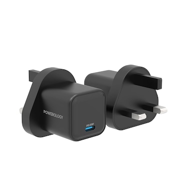 شاحن باورولوجي GaN بقوة 35 واط، منفذ Type-C واحد، قابس UK، تردد 50-60Hz، حماية مدمجة، شحن سريع، تصميم خفيف الوزن ومدمج مناسب للسفر – أسود
