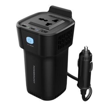 محول الطاقة Powerology 150W لحامل الأكواب، محول سيارة 12 فولت، إخراج 150 واط تيار متردد، منفذين USB-C PD 30W، منفذ USB-A Quick Charge 3.0، مثالي لشحن أجهزة الكمبيوتر المحمولة والإلكترونيات، أسود
