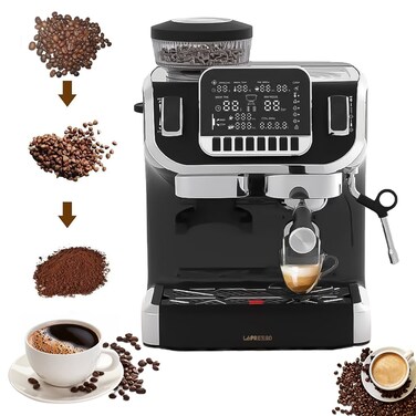 ماكينة صنع قهوة الإسبريسو LPECMLDBK من Lepresso بسعة 2 لتر، مطحنة حبوب (150 واط)، طاقة تسخين (1450 واط)، مضخة ضغط (19 بار) وشاشة LCD - أسود