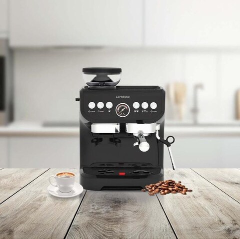 LePresso Espresso Coffee Maker with Adjustable Bean Grinder and Milk Steamer 19 Bar Pump Patented Design Black