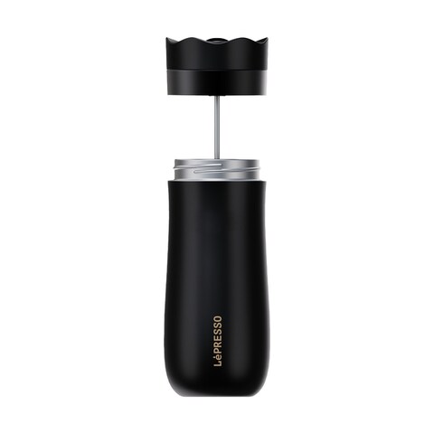 LePresso Insulated Mug with French Press Leak-Proof Mechanism  Secure Locking System Distinctive Filter System Dual-Layer Interior  - Black