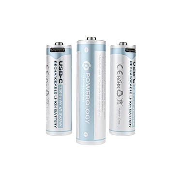 Powerology 1.5V Type-C Rechargeable Lithium-ion Battery, AA Battery 660mWh, 4pcs Pack, 1460mAh Capacity, 600mW Power Output, Fast Charging in 40 Minutes, Long-Lasting Performance - White
