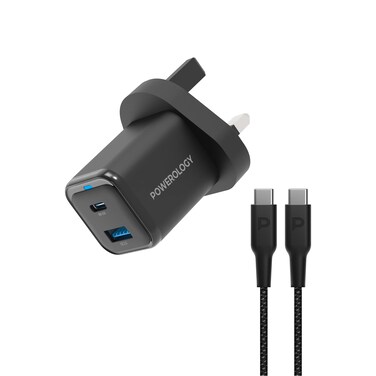 Powerology Dual Port Super Compact Quick Charger, USB-C To USB-C Braided Cable, 33W PPS Protocol, 35W USB-C Output, 18W USB-A Output, Fast &amp; Efficient Charging &ndash; Black

