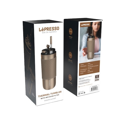 Lepresso Coffee Mug with Sleeve and Straw 520ml Reusable Straw 520ml Capacity 10H Keep Cold 8H Keep Warm - Gold