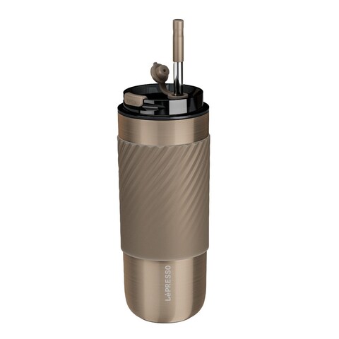 Lepresso Coffee Mug with Sleeve and Straw 520ml Reusable Straw 520ml Capacity 10H Keep Cold 8H Keep Warm - Gold