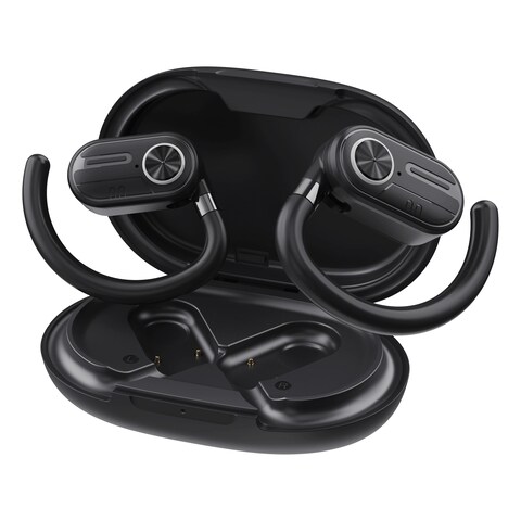 سماعات أذن Powerology ENC TWS لتوصيل الهواء وحقيبة شحن مع شاشة تحكم ذكية باللمس، صوت HiFi غامر مريح، وقت تشغيل 5 ساعات، سماعات أذن استريو مفتوحة الأذن بسعة 500 مللي أمبير في الساعة