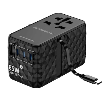محول باورولوجي العالمي بقوة 85 واط، 3× Type-C و1× USB-A بقوة 15 واط، شحن سريع 3.0 و4+، شحن من 0-60% في 35 دقيقة، تقنية GaN، كابل Type-C مدمج بطول 80 سم، شحن سريع وفعال – أسود
