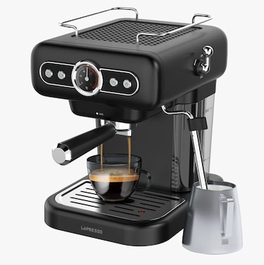 LePresso Retro Espresso Machine, 1.2L Water Tank, 50-60Hz Frequency, 220-240V Voltage, 950W Power, 15Bar Pump, Boiler Gauge, Milk Steamer, CUP Warmer, UK 3-Pin Plug - Black