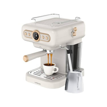 LePresso Coffee Machine, 950W Power, 15-Bar Pump Pressure, 1.2L Water Tank, Steam Control, Cup Warmer, Boiler Gauge, Washable Drip Tray, White
