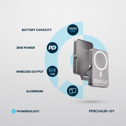 Powerology MagSafe Compatible Power Bank 10000mAh, Glass Surface, 20W PD, 15W Wireless, Aluminum Build, Type-C Input &amp; Output, Integrated Stand, Compact &amp; Lightweight - Gray
