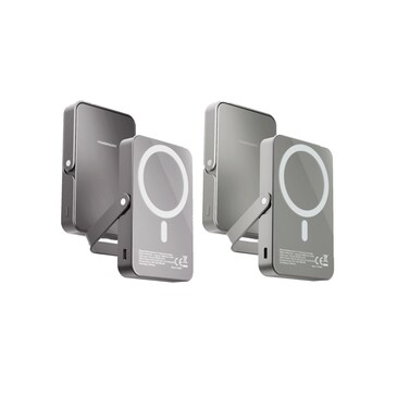 Powerology MagSafe Compatible Power Bank 10000mAh, Glass Surface, 20W PD, 15W Wireless, Aluminum Build, Type-C Input &amp; Output, Integrated Stand, Compact &amp; Lightweight - Gray
